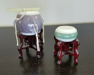 Miniature Chinese Drums Hand Carved Semi Precious Stone With Stand