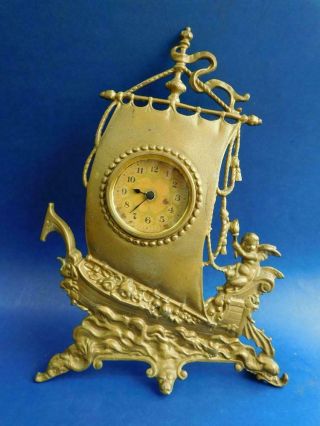 Antique Cast Metal ‘sailing Ship & Cherub’ Mantle Clock 1890s