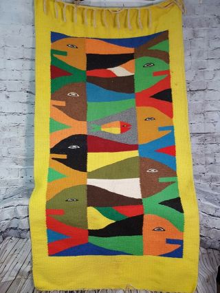 Vtg Mexican Art Zapotec Pure Wool Rug Handwoven 28x60 Fish Nautical