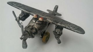 Vtg.  Cast Iron Toy Airplane W/2 Pilots/3 Prop Engines/3 Wheels
