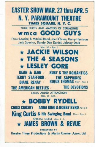 Jackie Wilson 4 Seasons James Brown Vintage Ny Paramount Theatre Handbill 60s
