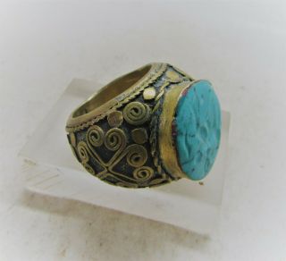Late Medieval Islamic Gold Gilded Ring With Turquoise Intaglio Stone