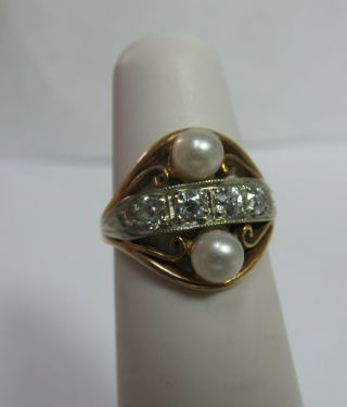 Vintage 14k Solid Gold Ring With European Natural Diamonds And Pearls
