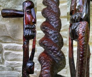 Folk Art Hand Carved Head Wood Cane Walking Stick Snakes & Old Man Smoking Pipe