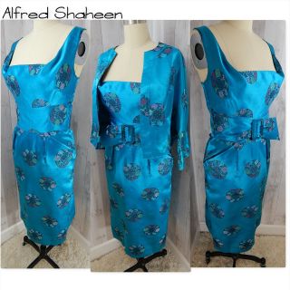 1950 Vintage Alfred Shaheen 2pc Dress Hawaiian Blue Satin Brocade Asian 38x32x45