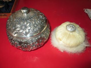 1874 Gorham - Repousse Decorated - Sterling Powder Box W/ Orig Powder Puff
