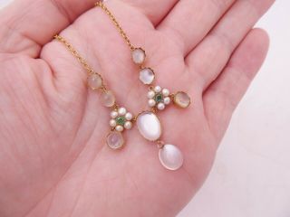 15ct Gold Moonstone Emerald Seed Pearl Pendant Necklace