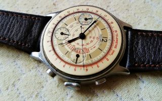 Old E berhard Valjoux 65 Steel Chronograph Watch c/w Vintage Leather Band & Box 10