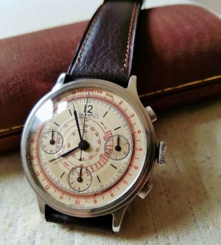 Old E Berhard Valjoux 65 Steel Chronograph Watch C/w Vintage Leather Band & Box