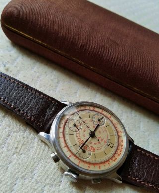 Old E berhard Valjoux 65 Steel Chronograph Watch c/w Vintage Leather Band & Box 2