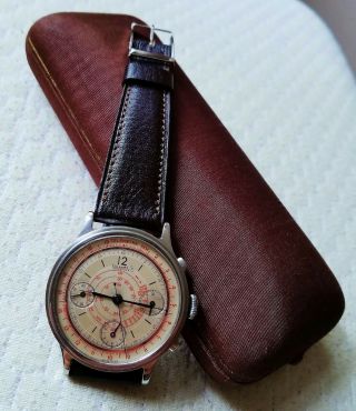 Old E berhard Valjoux 65 Steel Chronograph Watch c/w Vintage Leather Band & Box 3