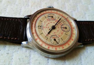 Old E berhard Valjoux 65 Steel Chronograph Watch c/w Vintage Leather Band & Box 6