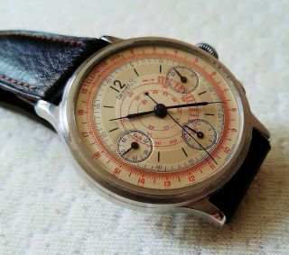 Old E berhard Valjoux 65 Steel Chronograph Watch c/w Vintage Leather Band & Box 7