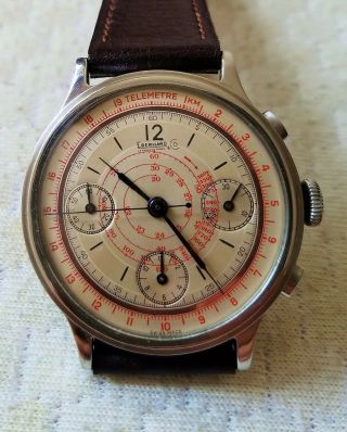 Old E berhard Valjoux 65 Steel Chronograph Watch c/w Vintage Leather Band & Box 8