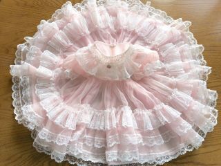 Vintage Baby Girl Dress Sheer Pink Ruffles & Lace Party Pageant Size 0 - 6 Months