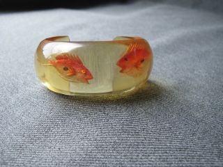 Vintage Reverse Carved & Painted Fish Applejuice Bakelite Cuff Bracelet