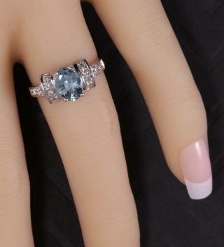 Size 6 Bar Style Natural 1.  20 Ctw Aquamarine & Diamond Ring 14k White Gold