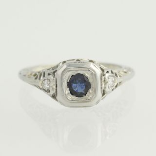 . 62ctw Round Cut Sapphire & Diamond Art Deco Ring - 18k White Gold Vintage