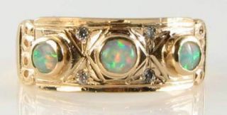 Large 9ct 9k Gold Aus Opal & Diamond Band Trilogy Art Deco Ins Ring Size