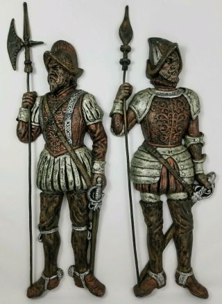 2 Vintage Cast Iron Spanish Conquistadors Wall Sculpture Mid - Century 30 "