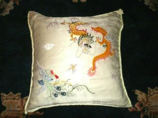 Old Chinese White Silk Pillow Cover W/embroidered Dragon/phoenix Lt Green Back