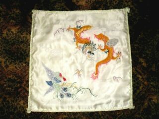 Old Chinese White Silk Pillow Cover w/Embroidered Dragon/Phoenix Lt Green Back 2