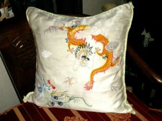Old Chinese White Silk Pillow Cover w/Embroidered Dragon/Phoenix Lt Green Back 3
