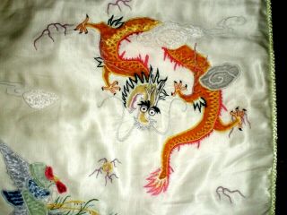 Old Chinese White Silk Pillow Cover w/Embroidered Dragon/Phoenix Lt Green Back 4