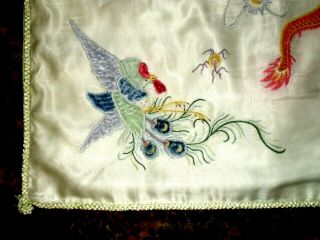 Old Chinese White Silk Pillow Cover w/Embroidered Dragon/Phoenix Lt Green Back 5