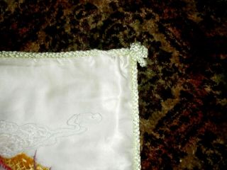 Old Chinese White Silk Pillow Cover w/Embroidered Dragon/Phoenix Lt Green Back 6