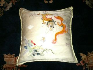 Old Chinese White Silk Pillow Cover w/Embroidered Dragon/Phoenix Lt Green Back 8