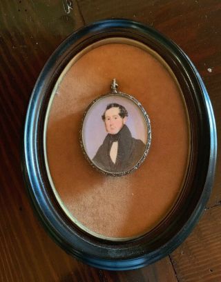 Mourning Locket Hair Cloth Miniature Portrait Painting Hanging In Frame
