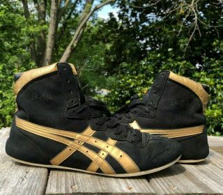 Vintage Dan Gable Classic Wrestling Shoes Size 9 Black / Gold Asics