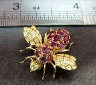 Vtg S J Lau 14k Solid Yellow Gold Ruby Bee Brooch Pin Pendant Flying Insect