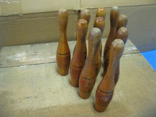 Antique 10 - Pin Skittles Bowling Toy Or Pub Game,  Wood 10 6 " Mini Pins