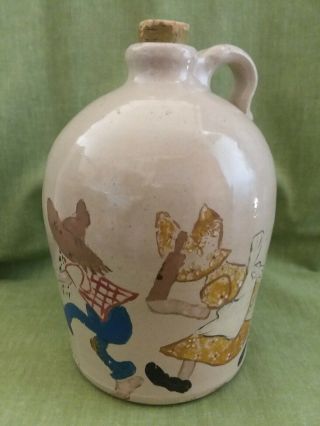 Vintage Hillbilly Moonshine Pottery Stoneware Jug With Man Woman And Chickens