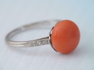 Antique Solid Platinum Diamond & Coral Stone Ring Sz 6 1/2 Gorgeous