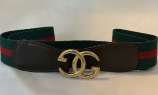 Auth Vintage Gucci Ladies Gold Gg Leather Belt W/ Gucci Signature Red & Green