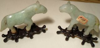 2 Vintage Chinese Hand Carved Jade Horse Or Donkey Figurines On Wood Stands
