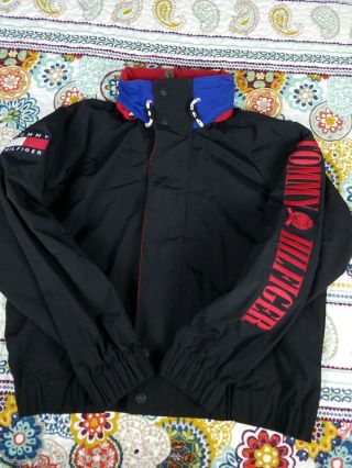 Tommy Hilfiger Vintage 90s Arm Spell Out Hoodie Windbreaker Jacket Sz L Black 2