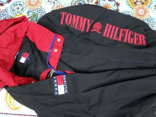 Tommy Hilfiger Vintage 90s Arm Spell Out Hoodie Windbreaker Jacket Sz L Black 4
