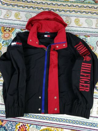 Tommy Hilfiger Vintage 90s Arm Spell Out Hoodie Windbreaker Jacket Sz L Black 5
