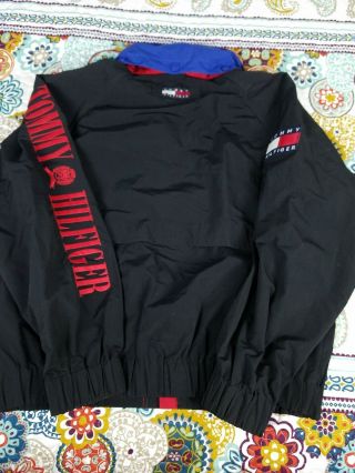 Tommy Hilfiger Vintage 90s Arm Spell Out Hoodie Windbreaker Jacket Sz L Black 8
