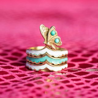 Vintage Butterfly Ring Heavy 14k Gold With Turquoise And Cute Enamel