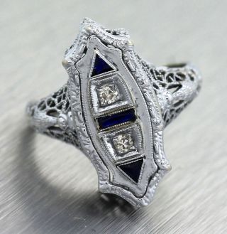 Ladies Antique Art Deco 14k 585 White Gold Filigree Diamond Onyx Ring