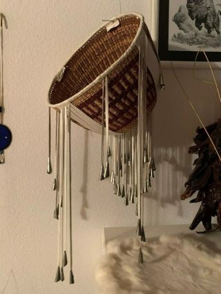 Authentic Vintage Native American Apache Woven Burden Basket W/ Cone Chimes