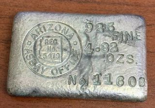 Very Rare Arizona Assay Silver Old Pour.  925 Fine Ingot - 4.  82 Oz Ounce Bar