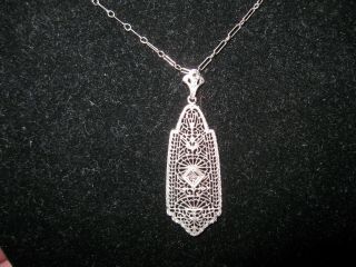 14k White Gold Art Deco Filigree/diamond Pendant/necklace,  18