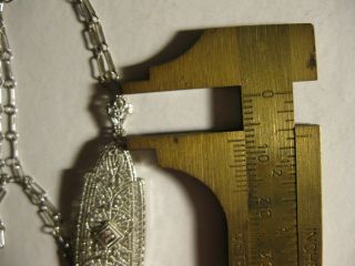 14k White Gold Art Deco Filigree/Diamond Pendant/Necklace,  18 9