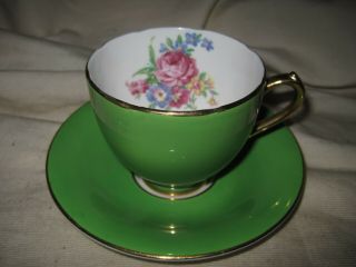 Hazel Sharon Green Bone China Cup & Saucer Flowers Inside Cup Made In England